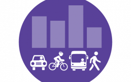 Icon of car, cyclist, bus, and pedestrian below a bar chart