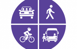 Icon showing pedestrian, cyclist, car, and bus in quadrants