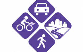 Icon of pedestrian, cyclist, car, and road stretch, in squares