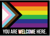 Progressive Pride Flag with words "You are welcome here"